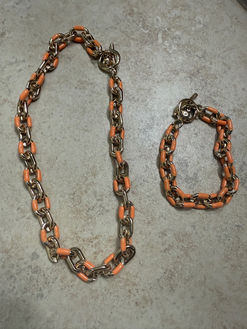 Gold Chain Necklace and Bracelet Set with Coral Enamel Accents